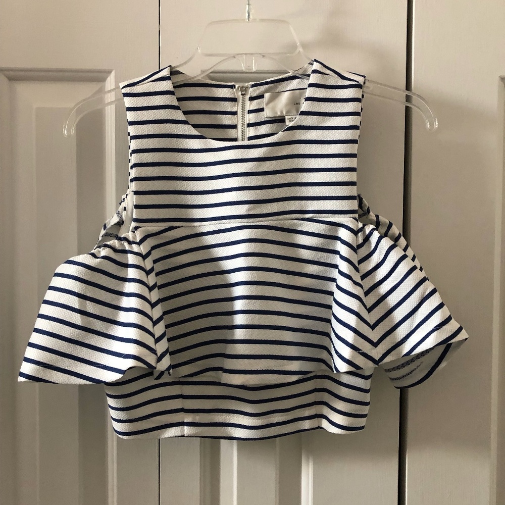 JOA Off Shoulder Blue and White Stripe Crop Top, Size Small